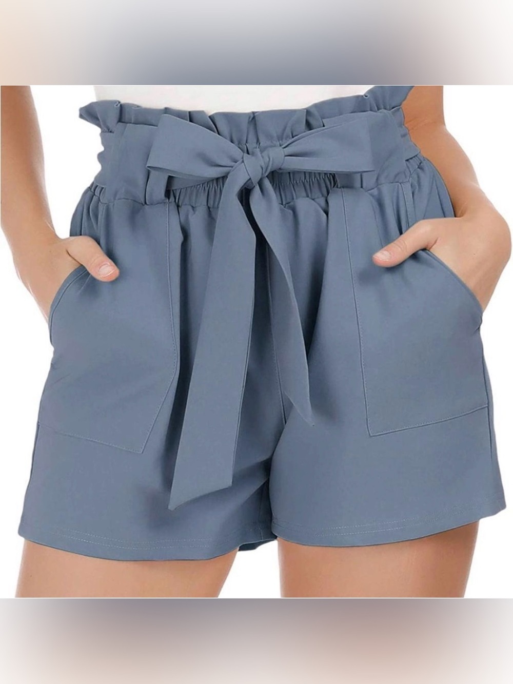 Grace Karin | High-Waist Paperbag Tie-Waist Shorts with Pockets, Slate Blue